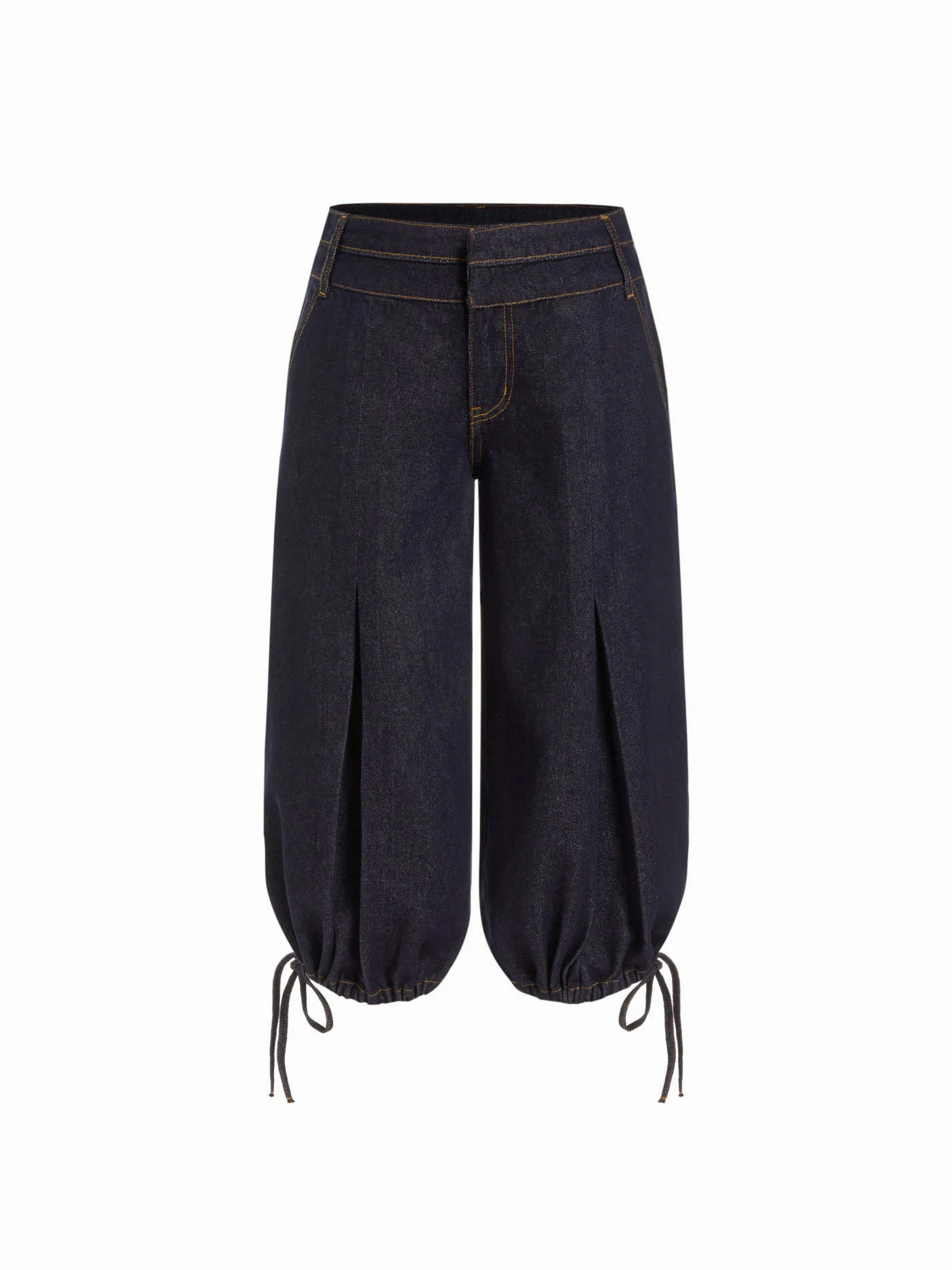 Washed Denim Low Rise Drawstring Hem Pleated Oversized Jogger Bermuda Jorts | Cider
