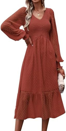 PRETTYGARDEN Women's Spring Dresses Long Sleeve V Neck Swiss Dot Empire Waist Chiffon Dress Ruffl... | Amazon (US)