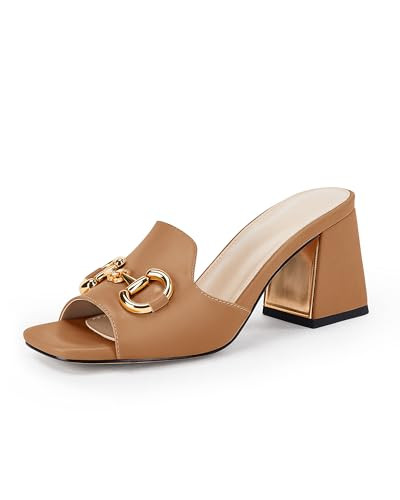 gihubafuil Women's Sandals Peep Toe Slides Chunky Heel Mules Single Band Comfort Slip-on Shoes with Metal Chain for Spring Summer | Amazon (US)