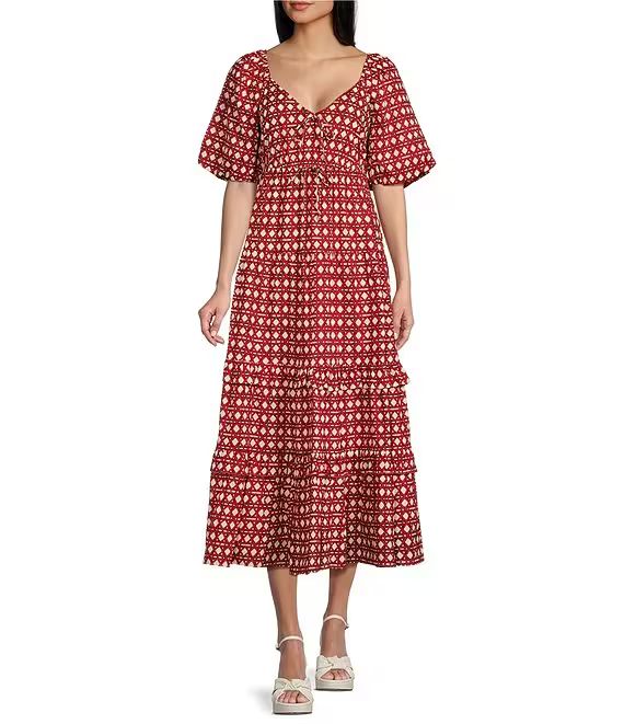 A Loves A Voile Lattice Print V-Neck Short Puffed Sleeve Tie Front Tiered Midi Dress | Dillard's | Dillard's