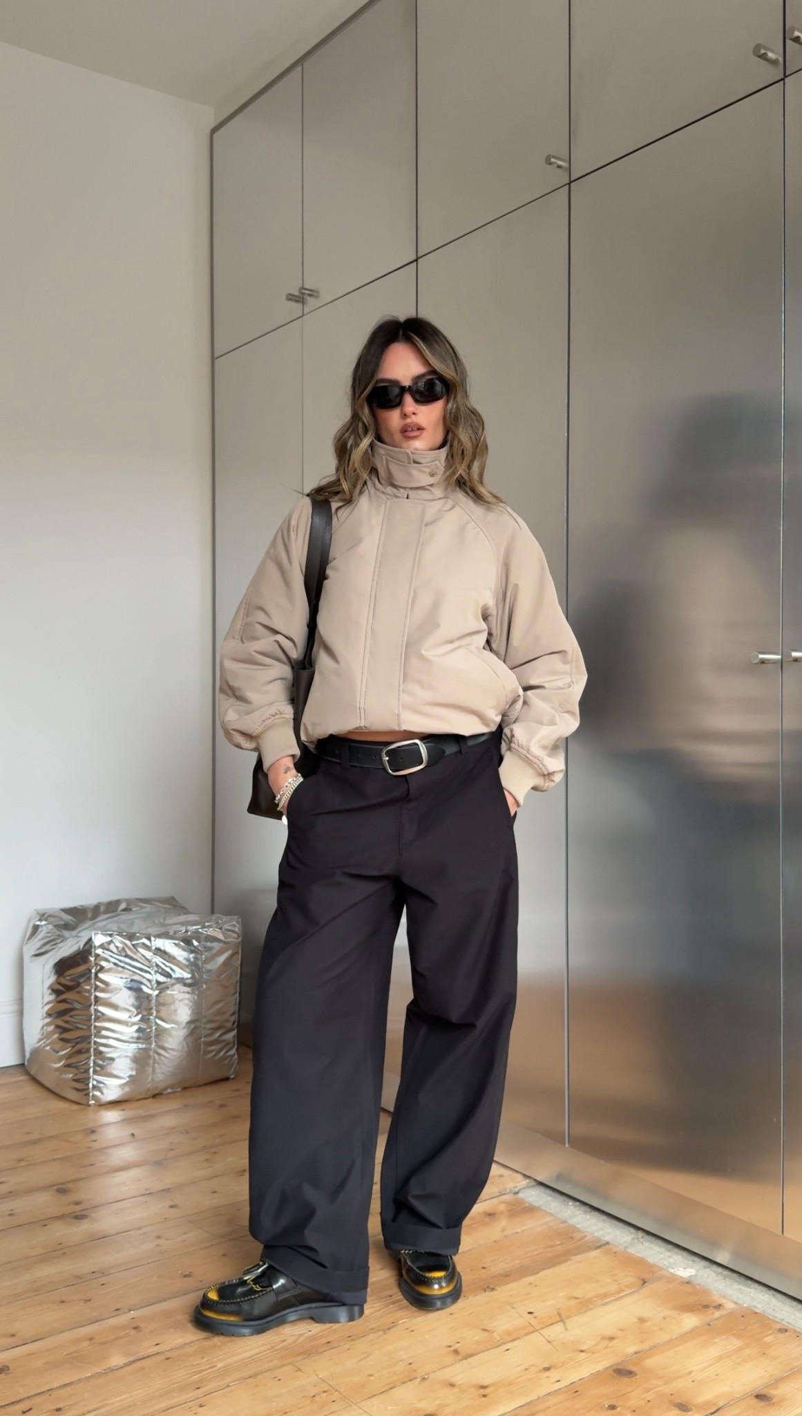 Uniqlo, funnel neck jacket, bomber jacket, barrel leg trousers, dr martens, loafers