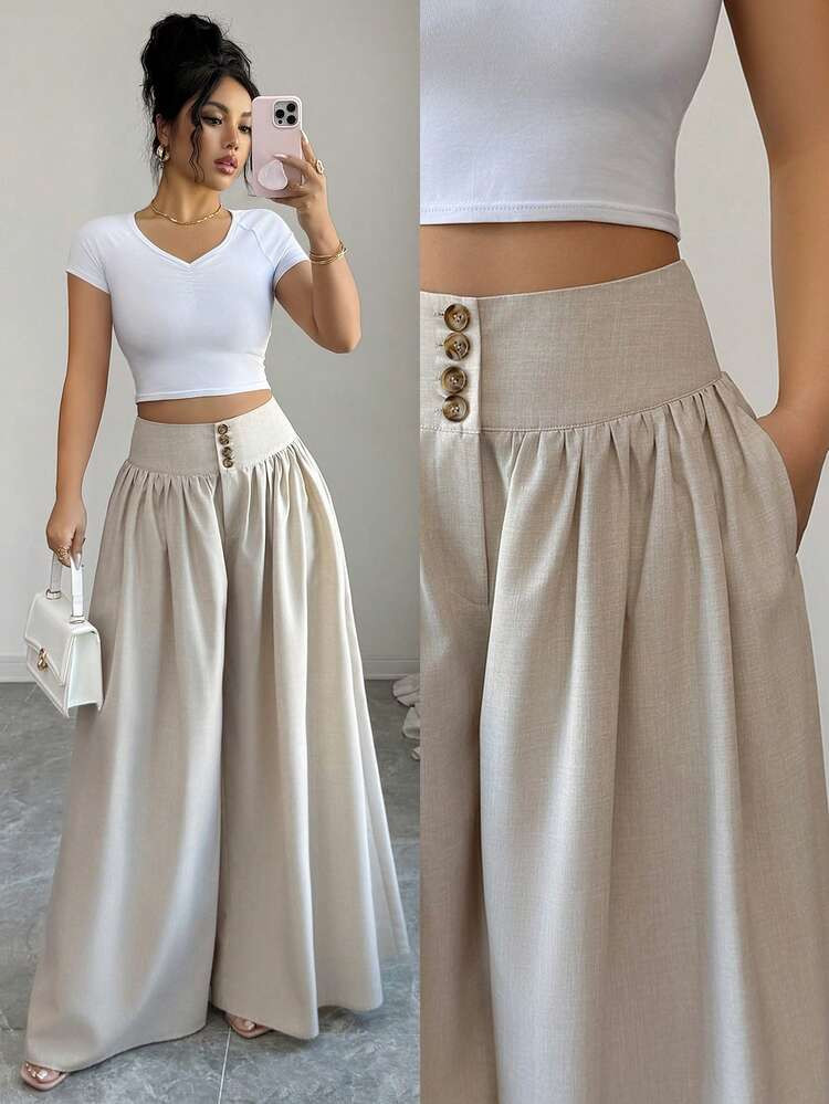 Elenzga New Women Casual Elegant Fashion Floral Buckle Design Loose Wide Leg Pants, Linen Khaki C... | SHEIN