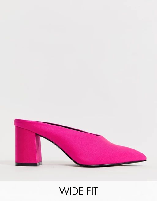 ASOS DESIGN Wide Fit Wesley mid heel mules in neon pink | ASOS UK