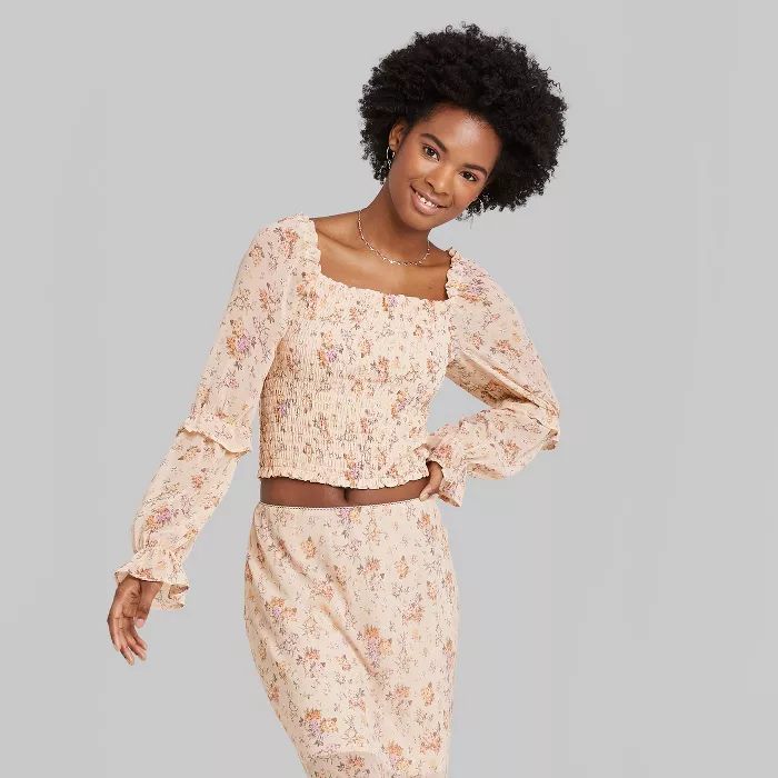 Women's Floral Print Long Sleeve Square Neck Smocked Top - Wild Fable™ Ivory | Target
