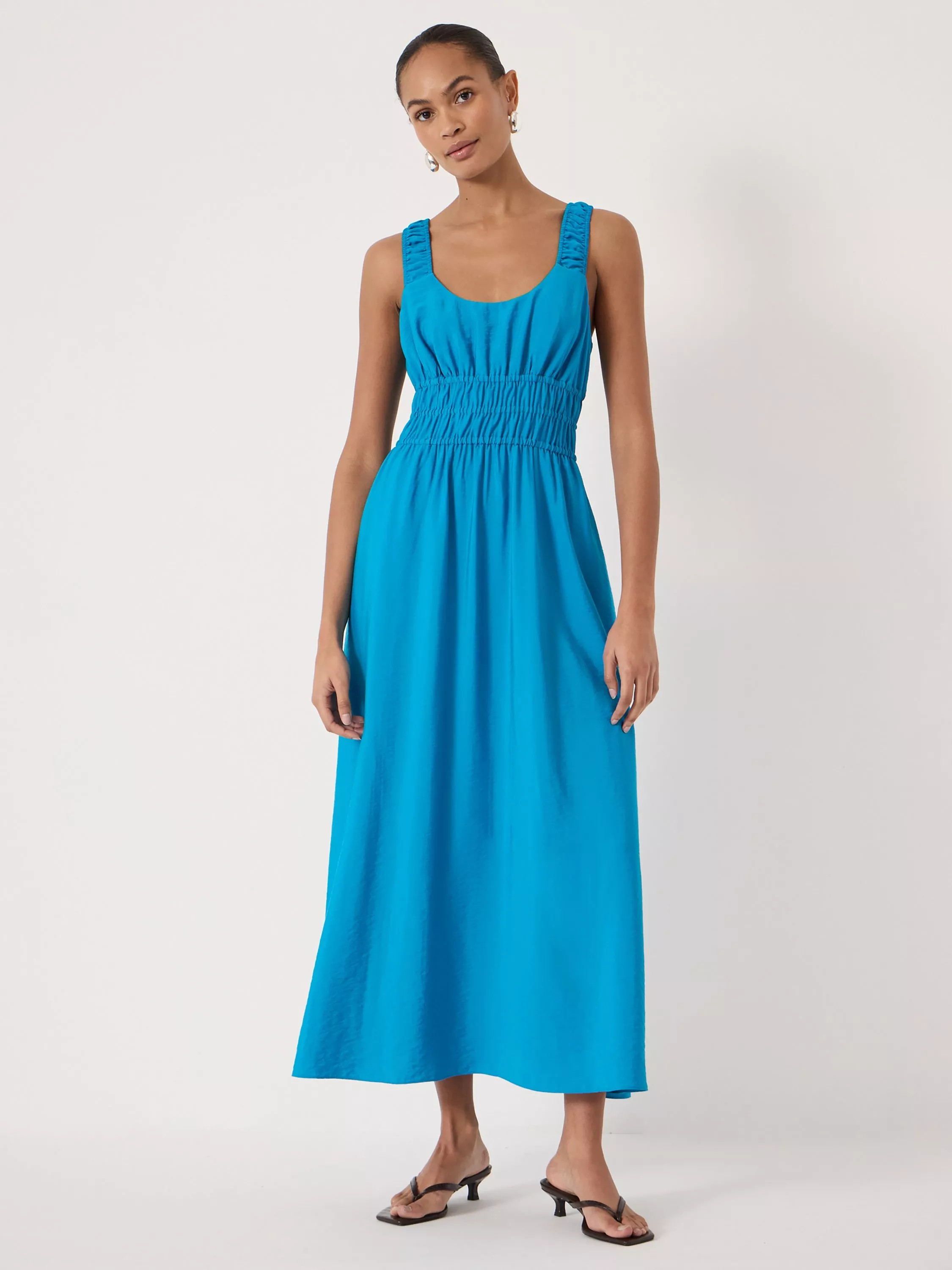 HUSH Air Flow Gathered Straps Midi Dress, Aqua Blue | John Lewis (UK)