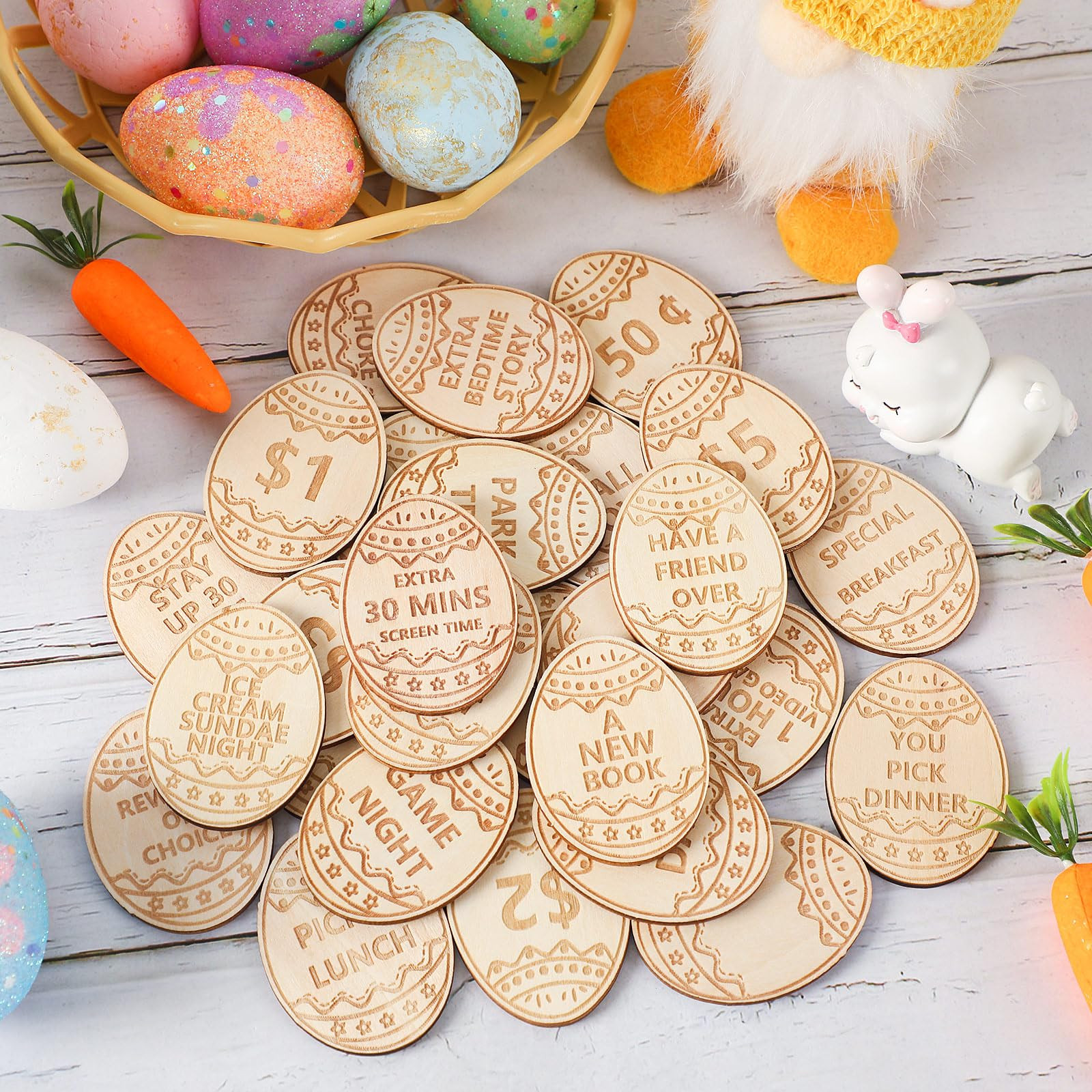 CypherX Easter Egg Fillers- Wooden Easter Reward Tokens, Easter Prizes Stuffers Coins, Family Nig... | Amazon (US)