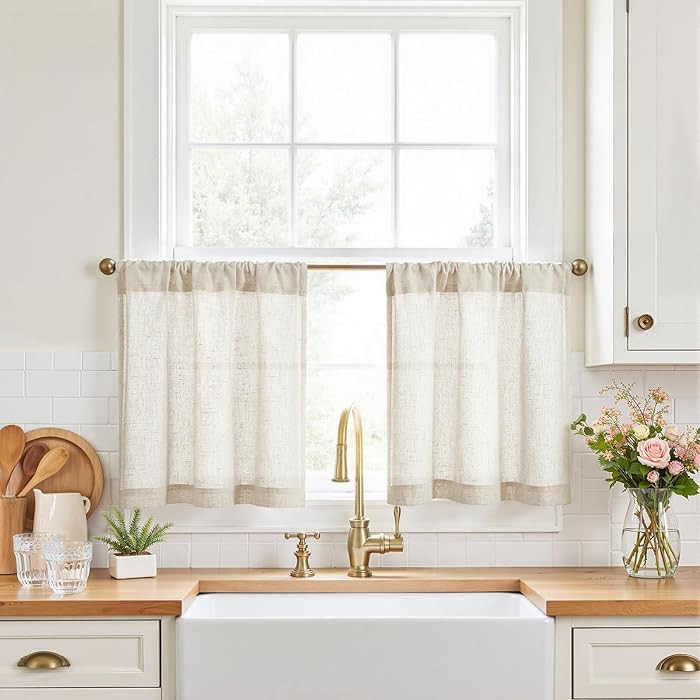 jinchan Kitchen Curtains Linen Tier Curtains 20 Inch Farmhouse Cafe Style Country Rustic Rod Pock... | Amazon (US)