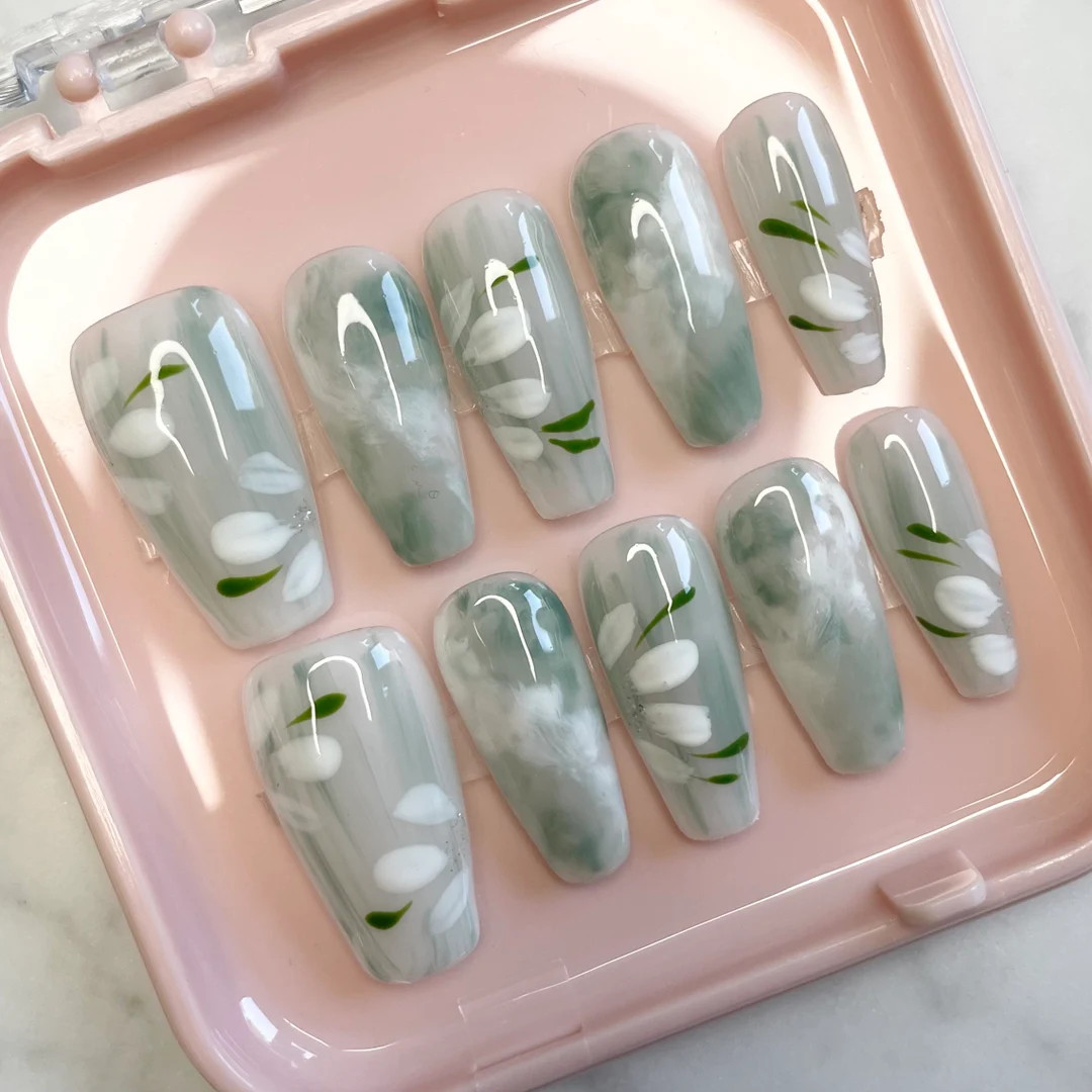 Light Green Watercolor Press-on Nails, Summer Nails With Flower Design, Medium Almond Press-on Su... | Etsy (US)