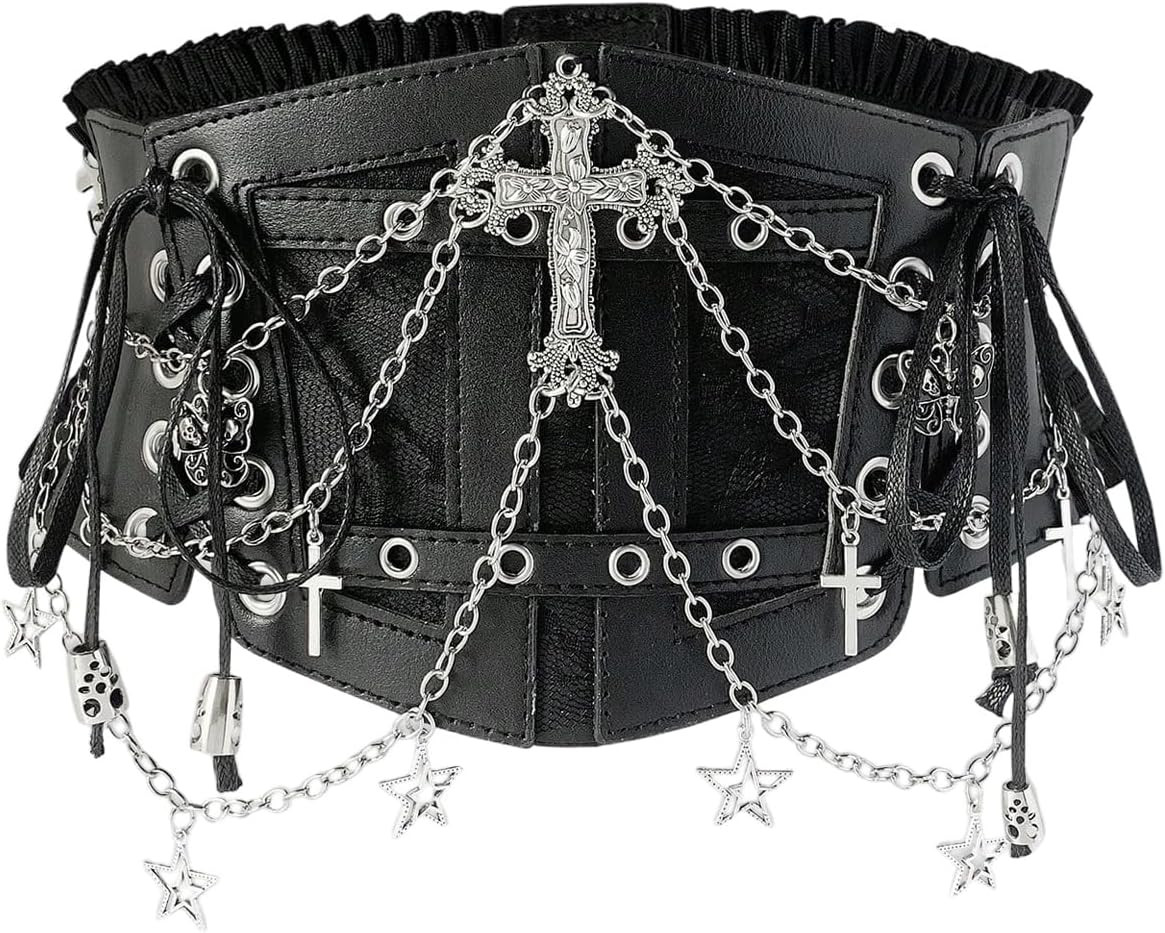 WDIRARA Women's Faux Leather Corset Belt Chain Elastic Waist Goth Punk Rave | Amazon (US)