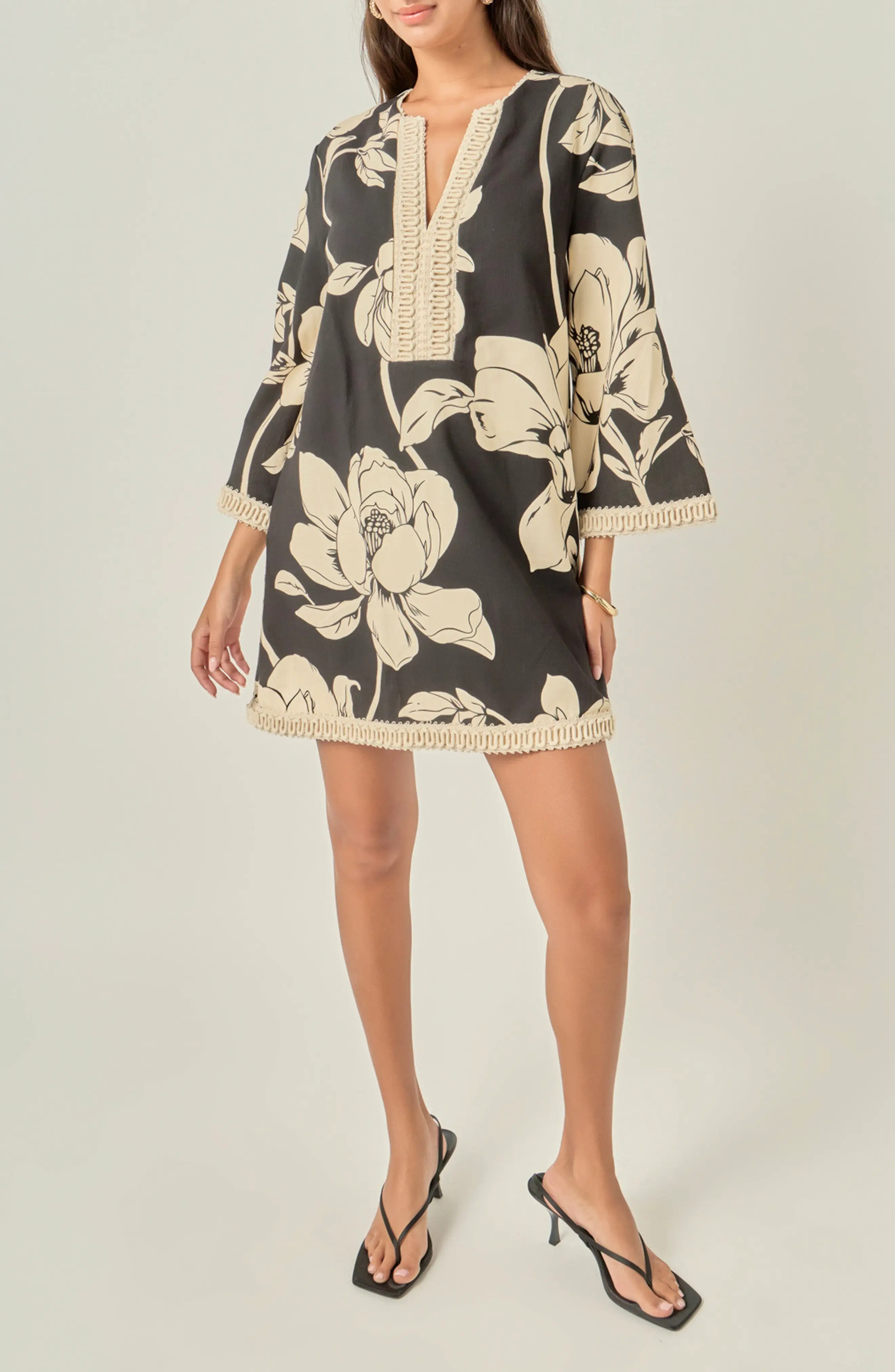English Factory Floral Print Cotton Minidress in Black/cream at Nordstrom, Size X-Small | Nordstrom