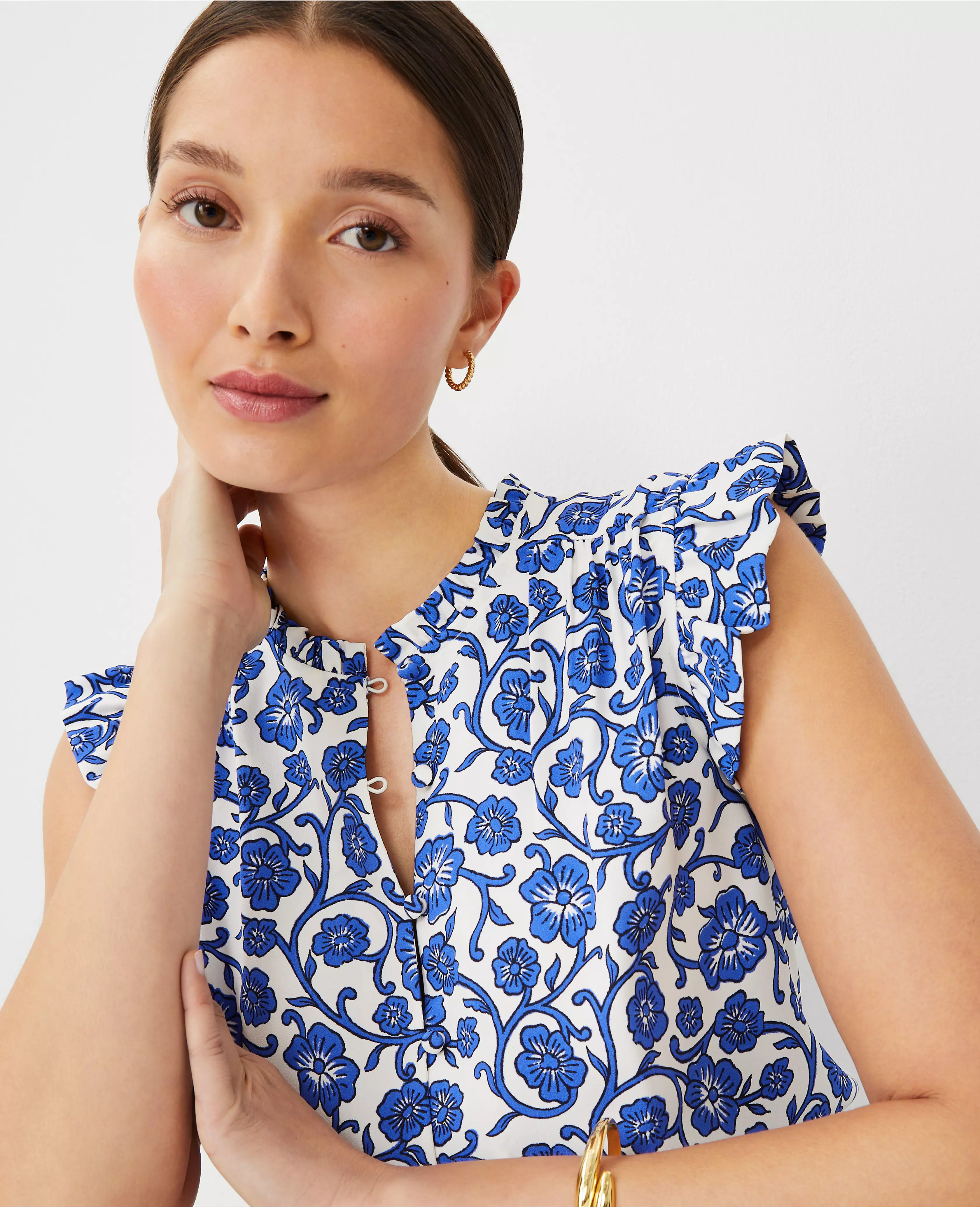 Floral Mixed Media Ruffle Shell | Ann Taylor (US)