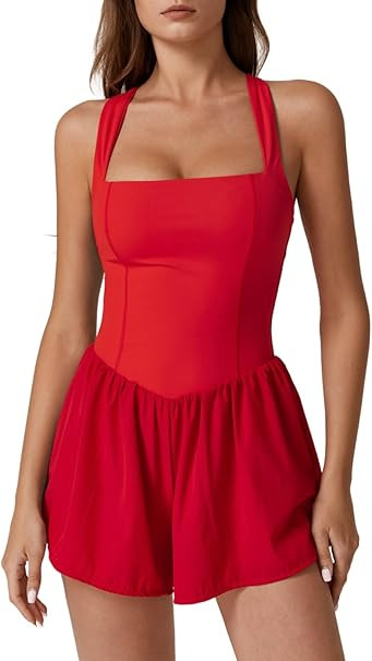 QINSEN Women's Square Neck Sleeveless Romper Jumpsuit Casual Summer One Piece Outfit with Pocket | Amazon (US)