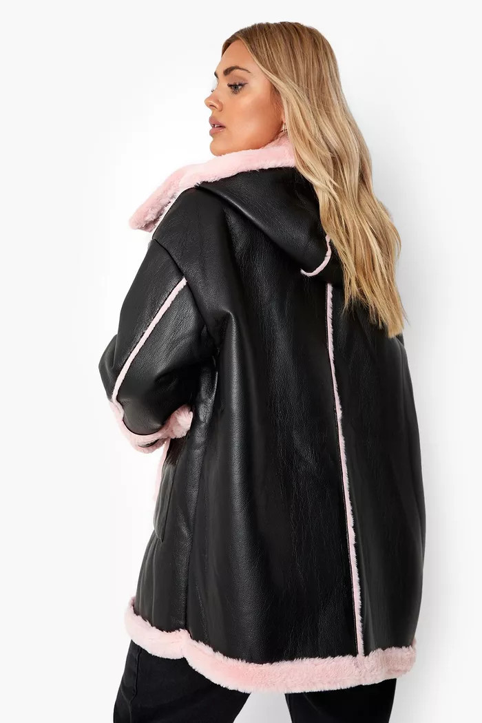 Plus Pink Faux Fur Trim Longline Aviator Jacket | Boohoo.com (UK & IE)