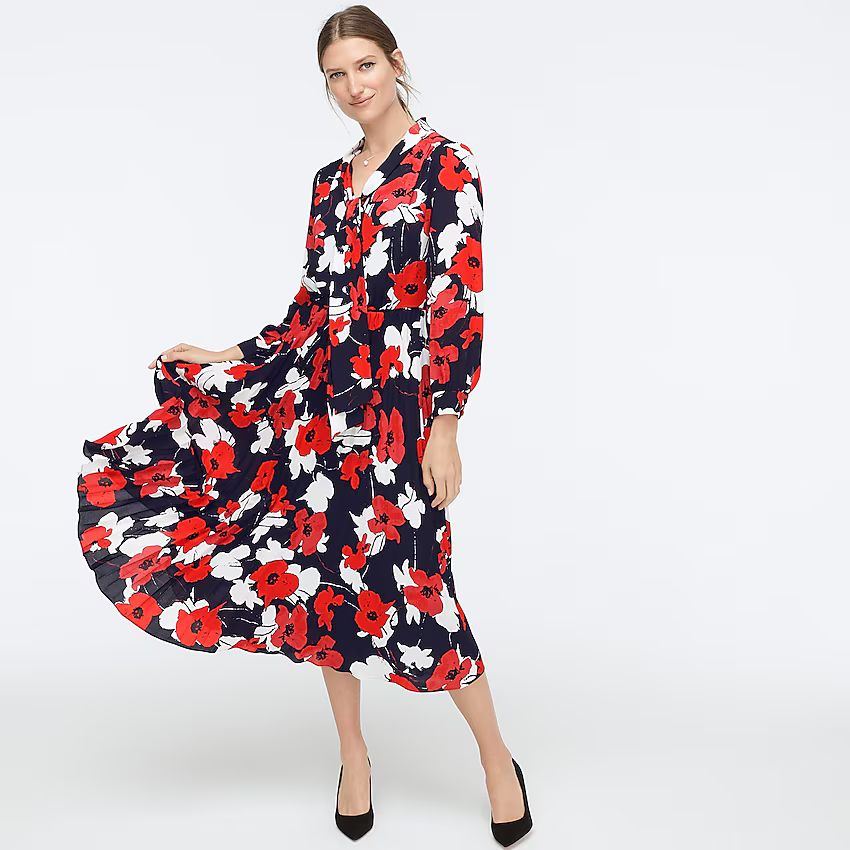 Tie-neck pleated A-line dress in navy poppy floral print | J.Crew US