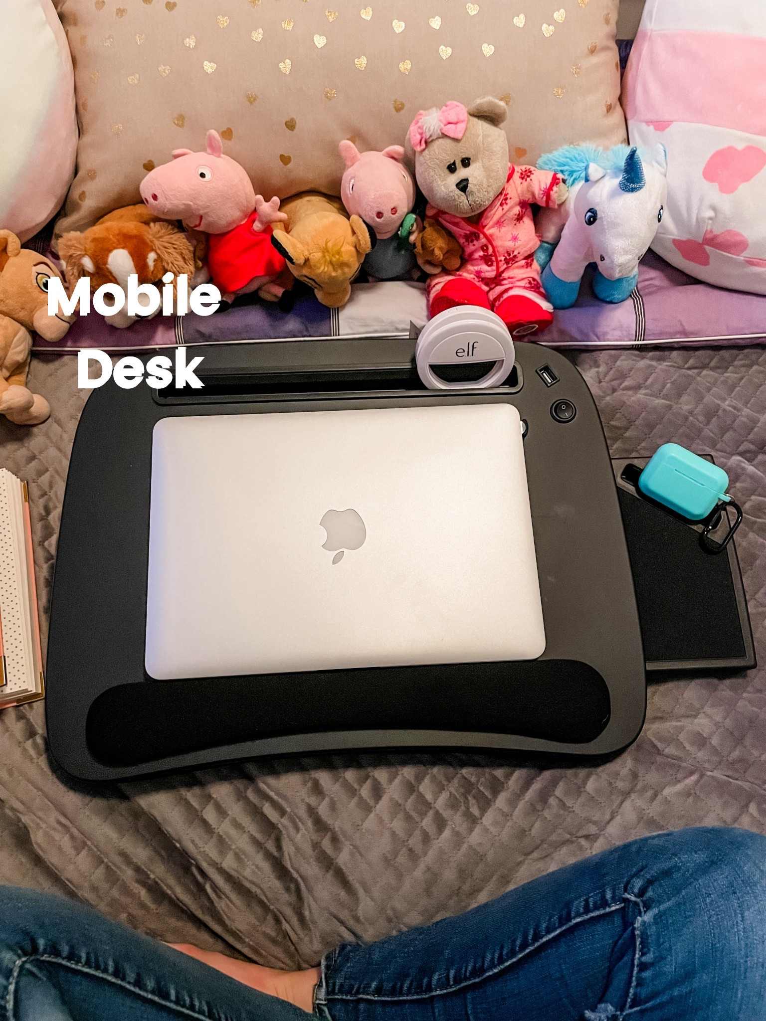 Mobile desk that makes it easy to work from anywhere in the house. 
I’m hanging ought on my daughter’s bed because I needed a quiet spot. 
Selfie light because FaceTimes happen  

#LTKHome #LTKFindsUnder50 #LTKPetite