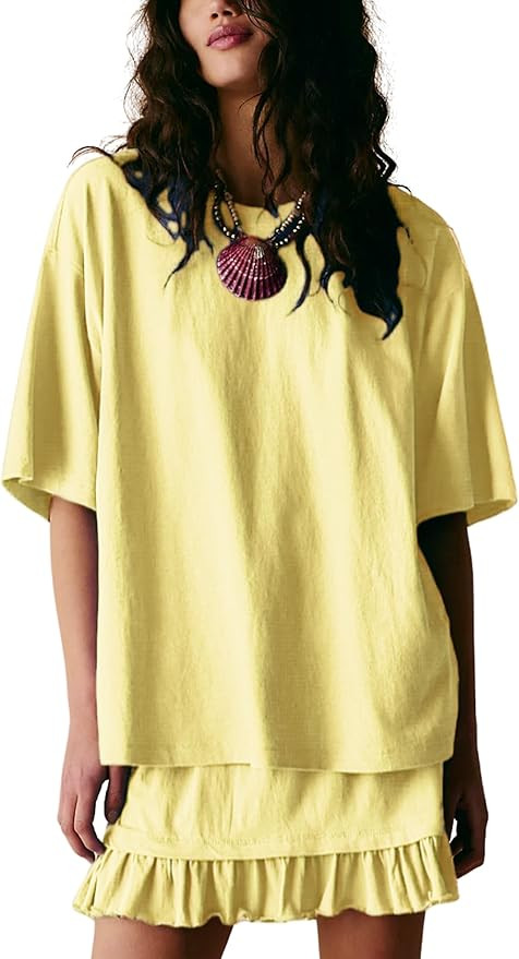 Esmeling Women Summer 2 Piece Skirt Sets Round Neck Short Sleeve Outfits Casual Tops and Pleated ... | Amazon (US)