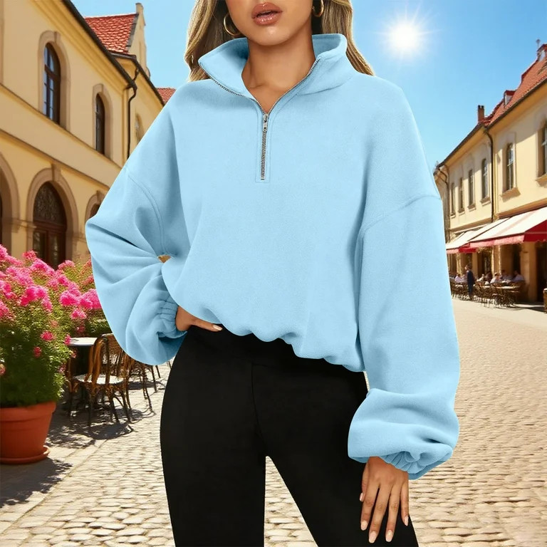 HOMBOM Womens Fleece Sweatshirt Winter Mock Neck Pullover Half Zip Cute Light Blue Tops for Women... | Walmart (US)