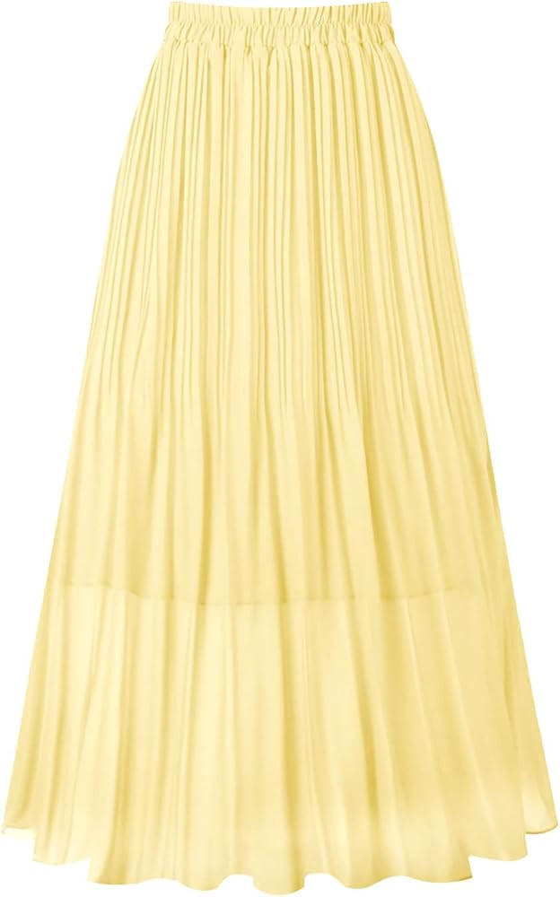 Kingfancy Women's Pleated Skirt Chiffon Elastic Waist A-Line Midi Length Skirt | Amazon (US)