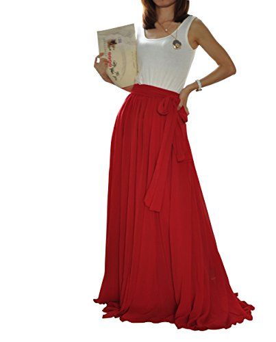 Melansay Beatiful Bow Tie Summer Beach Chiffon High Waist Maxi Skirt L,Red | Amazon (US)