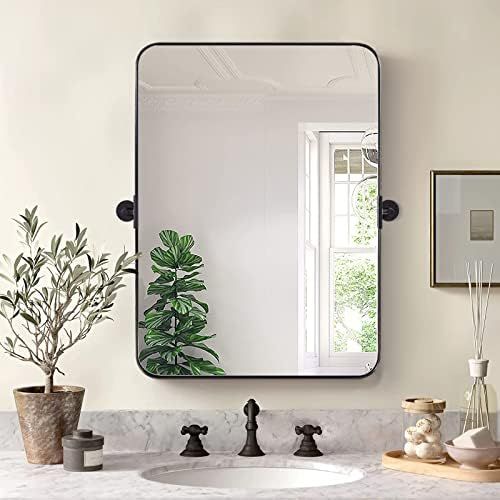 MOON MIRROR 22" x 30" Black Metal Frame Pivot Rectangle Bathroom Mirror, Tilting Rounded Rectangu... | Amazon (US)