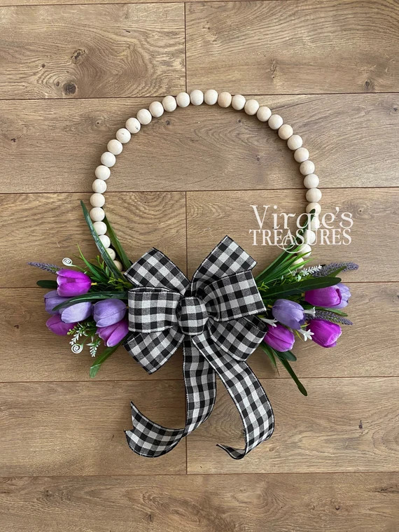 Wood Bead Wreath, Farmhouse Wreath, Tulip Wood Bead Wreath, Camper Wreath, Wall Gallery Wreath, M... | Etsy (US)