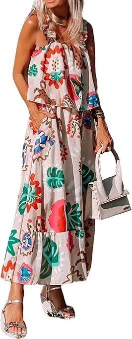 Womens Summer Casual Dress Print Sleeveless Beach Dress Tube Top Holiday Long Skirt Dress Sexy Bo... | Amazon (US)
