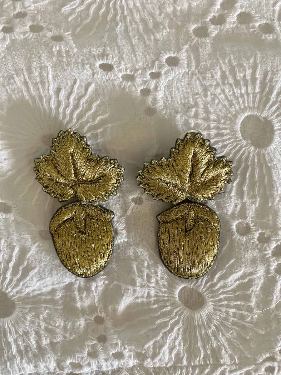 In Stock Now - Hand Embroidered Gold Strawberry Earring (Flat Back Cli | SUE SARTOR