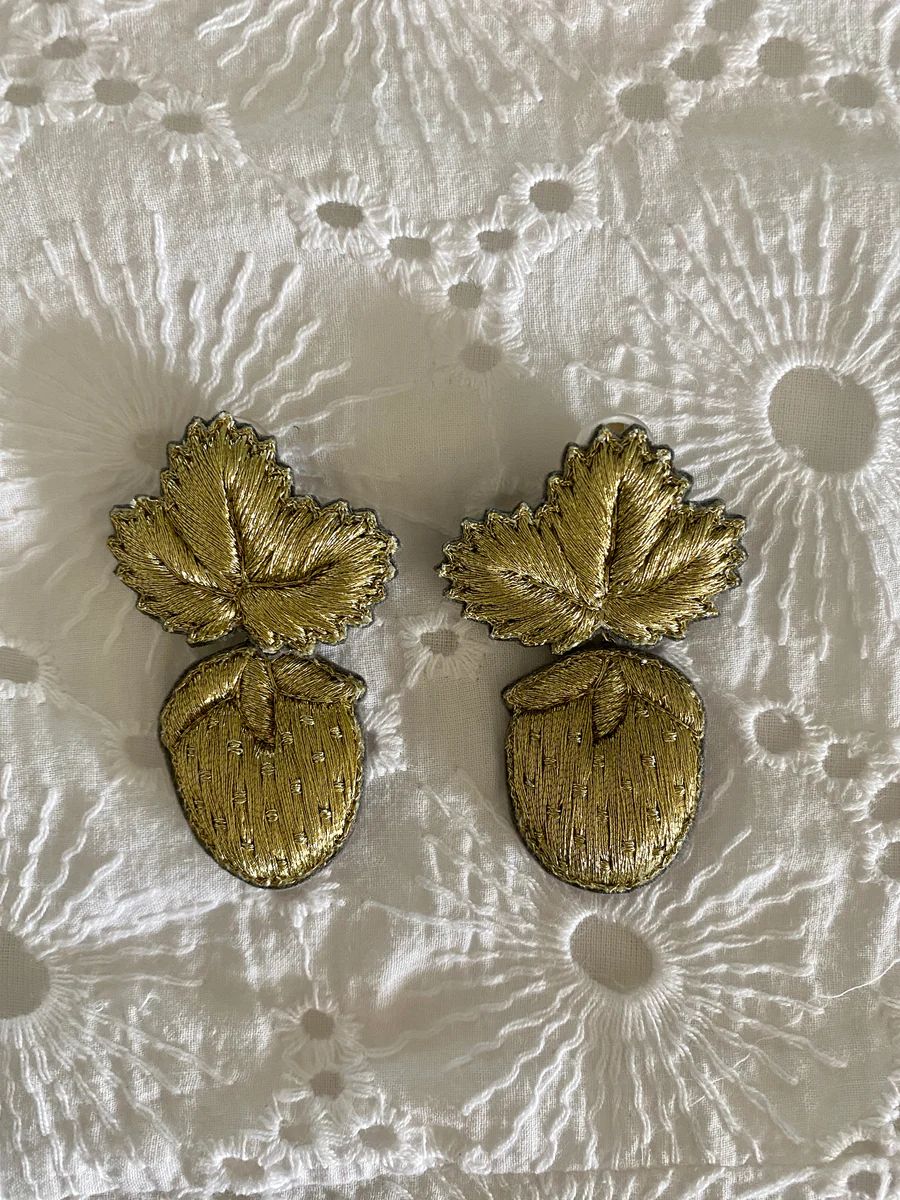 In Stock Now - Hand Embroidered Gold Strawberry Earring (Flat Back Cli | SUE SARTOR