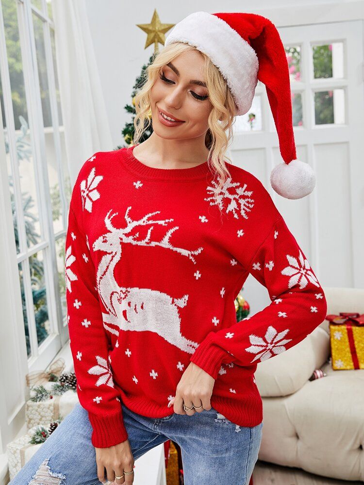 Christmas Elk & Snowflake Pattern Drop Shoulder Sweater | SHEIN