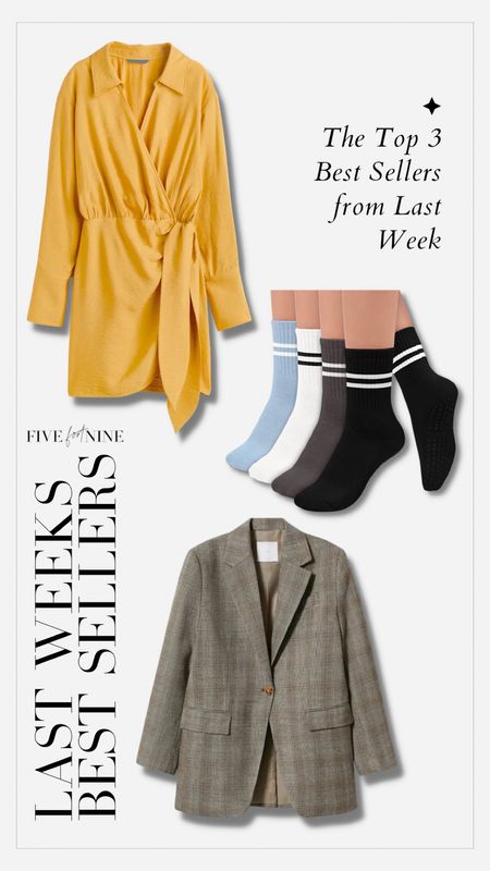 Last weeks best sellers // yellow dress, grip socks, plaid blazer 

#LTKunder50
