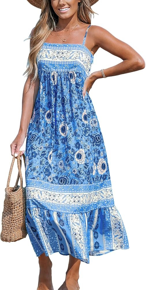 CUPSHE Women's Maxi Dress Ditsy Floral Smocked Summer Sundress Sleeveless Ruffled Spaghetti Strap... | Amazon (US)