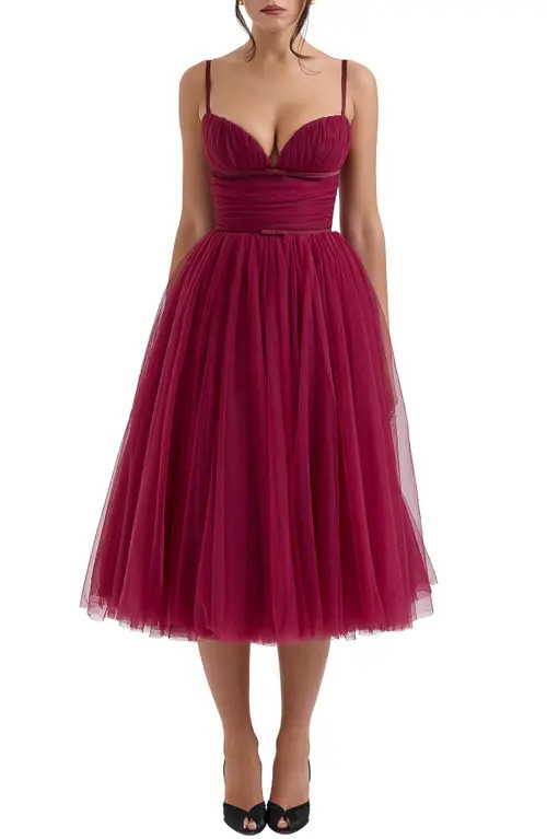 HOUSE OF CB Countess Sleeveless Tulle Midi Dress in Cabernet at Nordstrom, Size Large D | Nordstrom