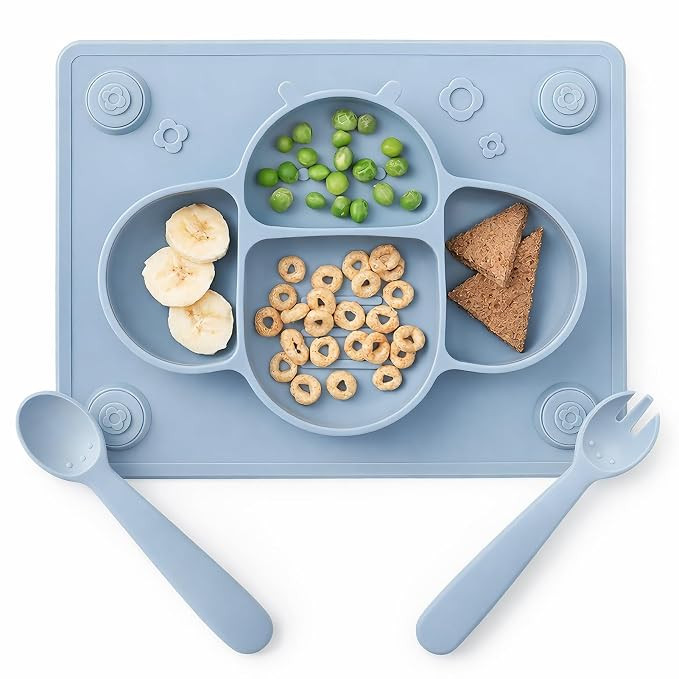 Suction Plates for Baby placemat Spoon Fork Set for Toddlers, Silicone Baby Plates with Suction B... | Amazon (US)