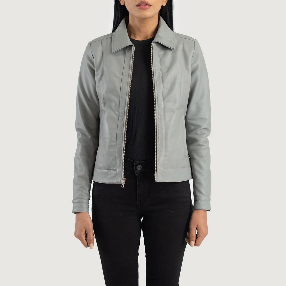 Women's Vixen Grey Classic Collar Leather Jacket | The Jacket Maker