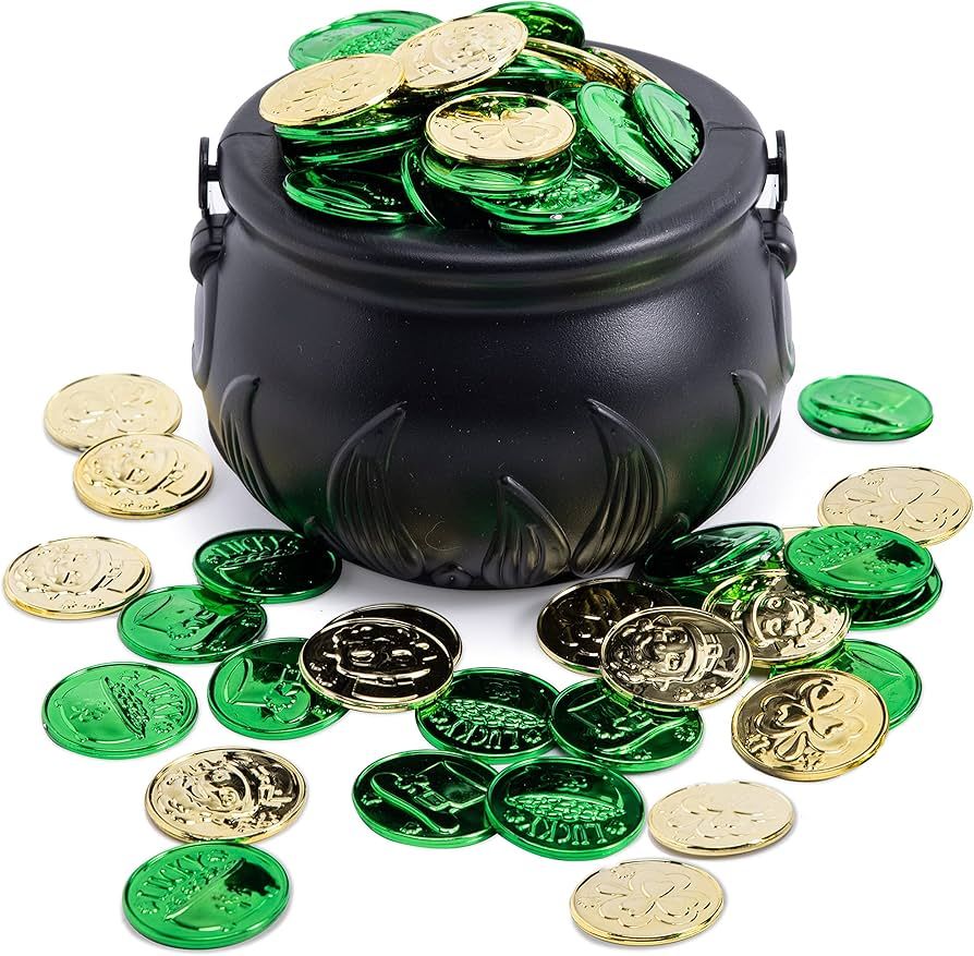JOYIN 208 St Patrick’s Day Lucky Leprechaun Plastic Coins and 1 Large Black Cauldron with Handl... | Amazon (US)