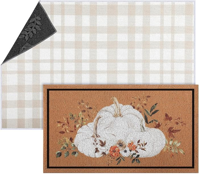 Tinideya 2 Pcs Fall Doormat Neutral Pumpkin Front Door Mat Autumn Buffalo Plaid Rug Combo Set Tha... | Amazon (US)