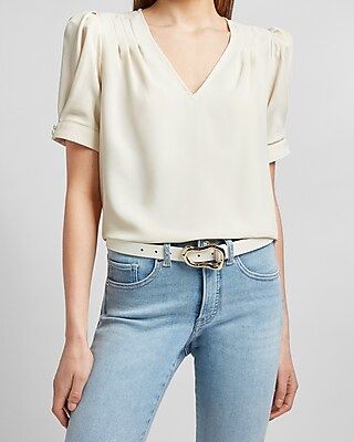 Pleated Puff Sleeve V-Neck Top | Express