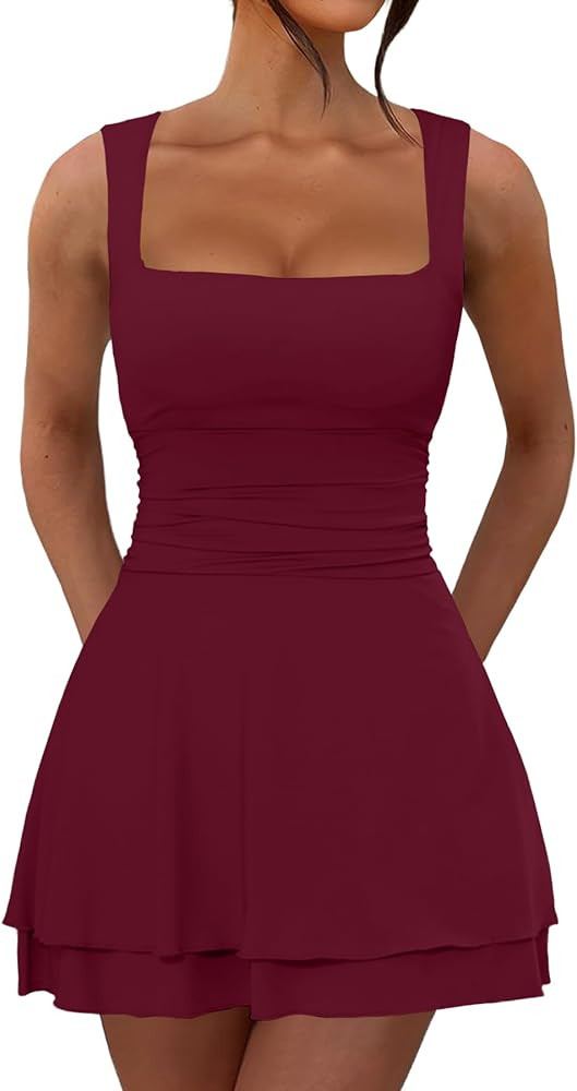 Minivestido de mujer con dobladillo con volantes, cuello cuadrado, sin mangas, cintura fruncida, ... | Amazon (US)
