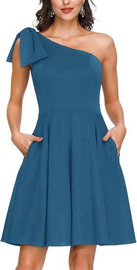 JASAMBAC Women's Bow One Shoulder Dress with Pockets A-line Cocktail Party Dress | Amazon (US)