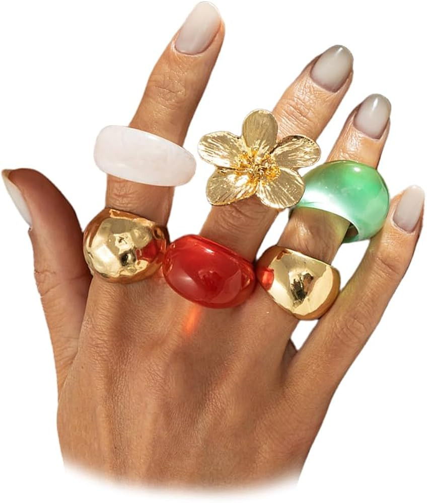 Chunky 14K Gold Plated Flower Transparent Resin Rings for Women Dainty Stackable Aesthetic Unique... | Amazon (US)