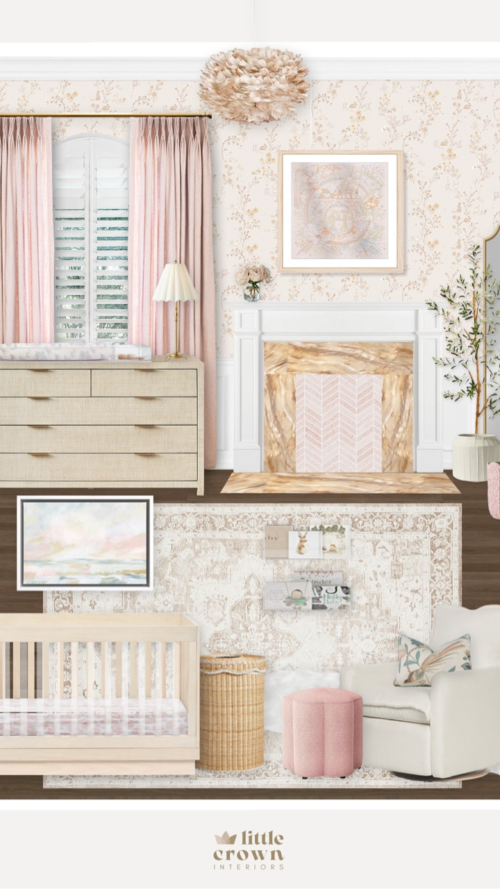 This stunning blush and neutral nursery was the first time I ever designed a nursery with a fireplace! The room has it all—wall paneling, sweet floral wallpaper, layered wood tones and tons of texture. ⁠
⁠
Design by @littlecrowninteriors

#LTKmomlife #LTKKids #LTKHome