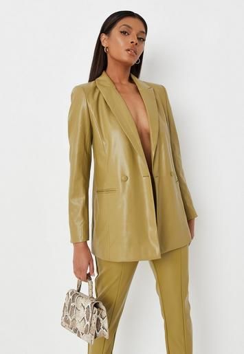 Missguided - Khaki Faux Leather Double Breasted Blazer | Missguided (US & CA)