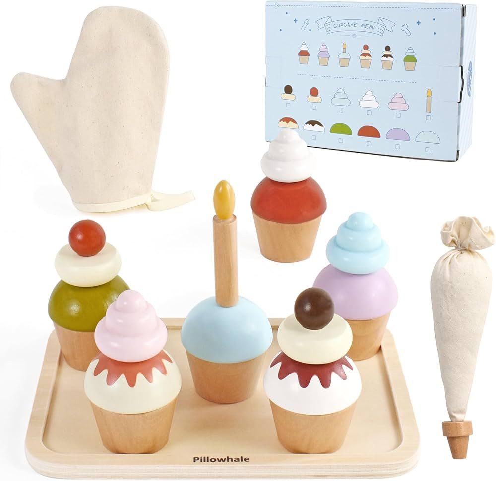 Wooden Cupcakes Toy,Kids Kitchen Playset,Pretend Play Food with Menu,Birthday Cake Toy for Toddle... | Amazon (US)