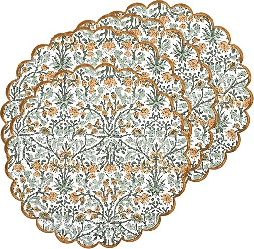 Block Print Spring Place Mat Double Layer Floral Cotton Washable Placemats 15" Round Embroidery T... | Amazon (US)