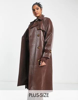 Something New Curve x Emilia Silberg exclusive leather look croc trench coat in brown | ASOS (Global)