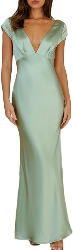 Halfisland Womens Summer Satin V Neck Cap Sleeve Backless Maxi Dress Elegant Twist Cut Out Midi D... | Amazon (US)