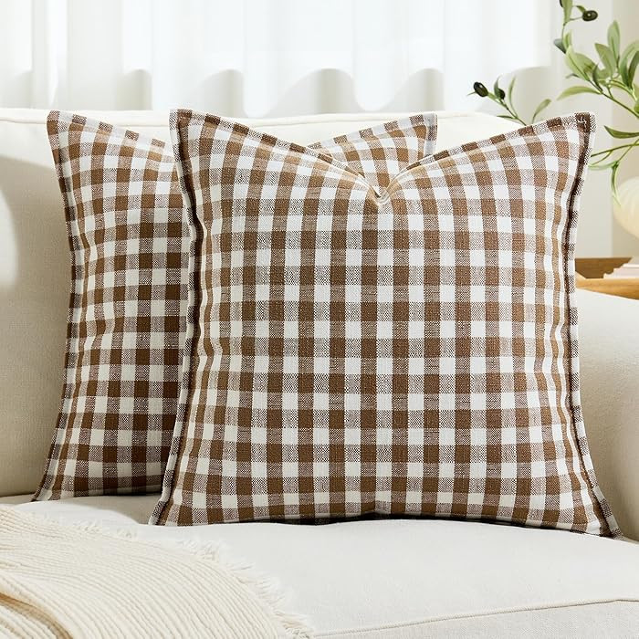 KINDREX Farmhouse Gingham Throw Pillow Covers 20x02 Set of 2, Small Checkered Linen-Textured Cush... | Amazon (US)