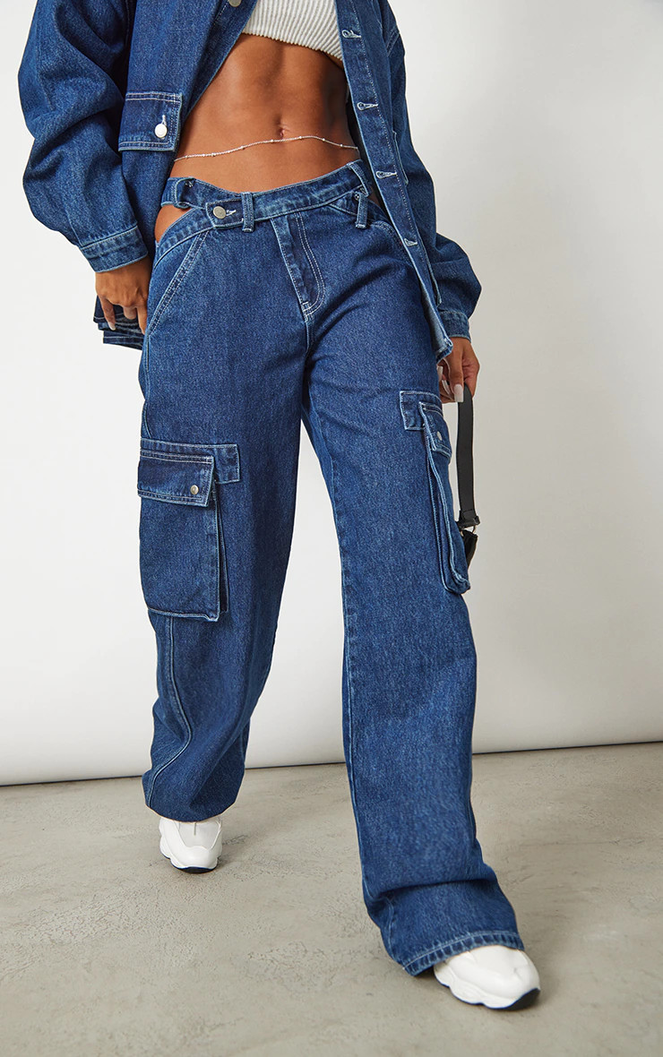 Dark Blue Wash Cut Out Asymmetric Waistband Cargo Jeans | Pretty Little Thing (Australia & New Zealand)