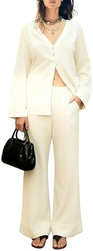 Gozoloma Women's 2 Piece Outfits Long Sleeve V-Neck Cardigan & Wide Leg Pants Set Contrast Stitch... | Amazon (US)