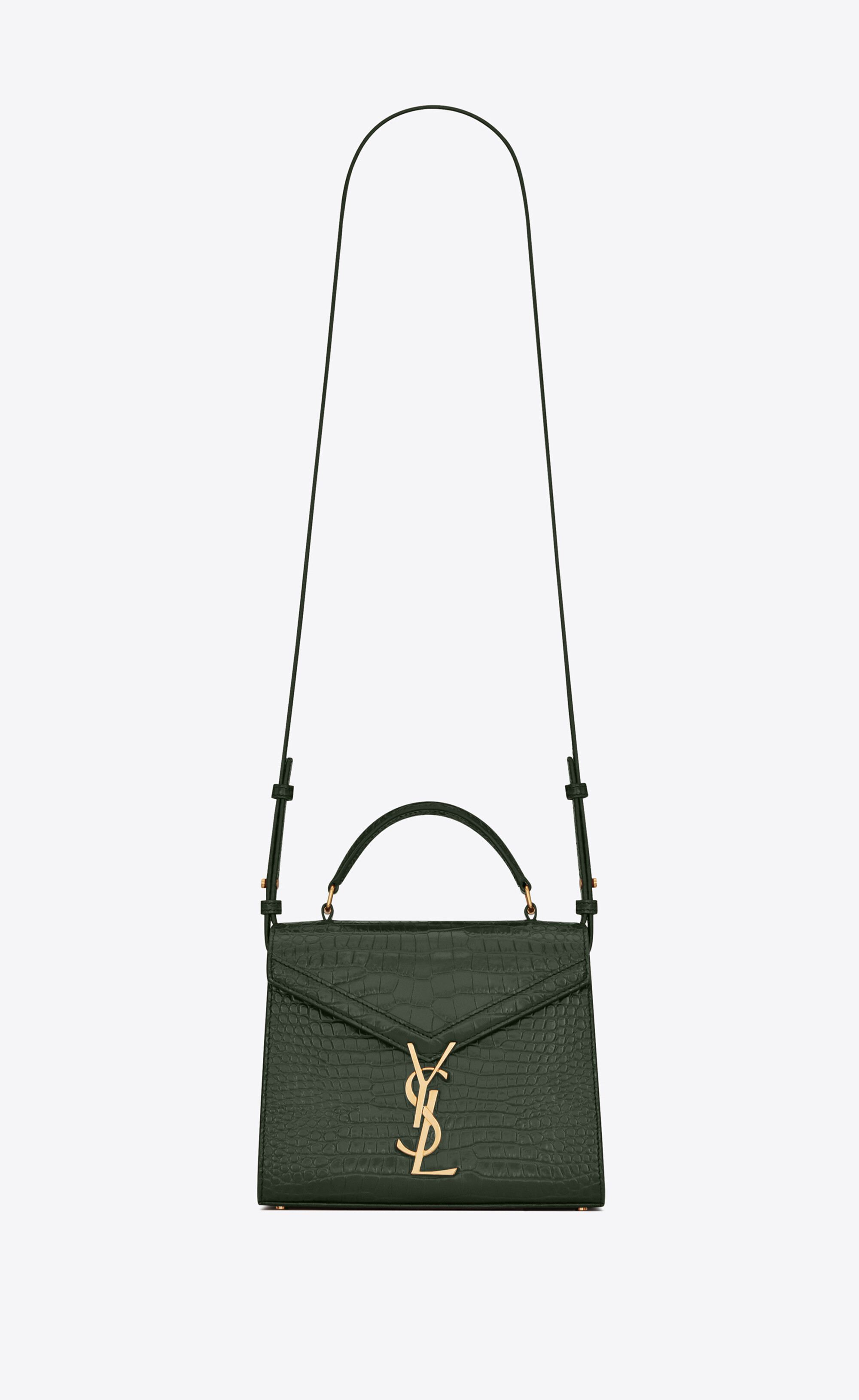 Cassandra Mini Top Handle Bag In Crocodile-Embossed Shiny Leather Green One Size | Saint Laurent Inc. (Global)